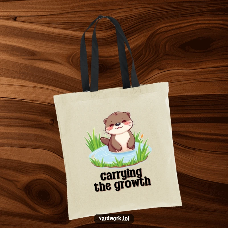 Funny tote bag with a playful otter watering a patch of vibrant green grass. Ideal for carrying groceries or daily items.