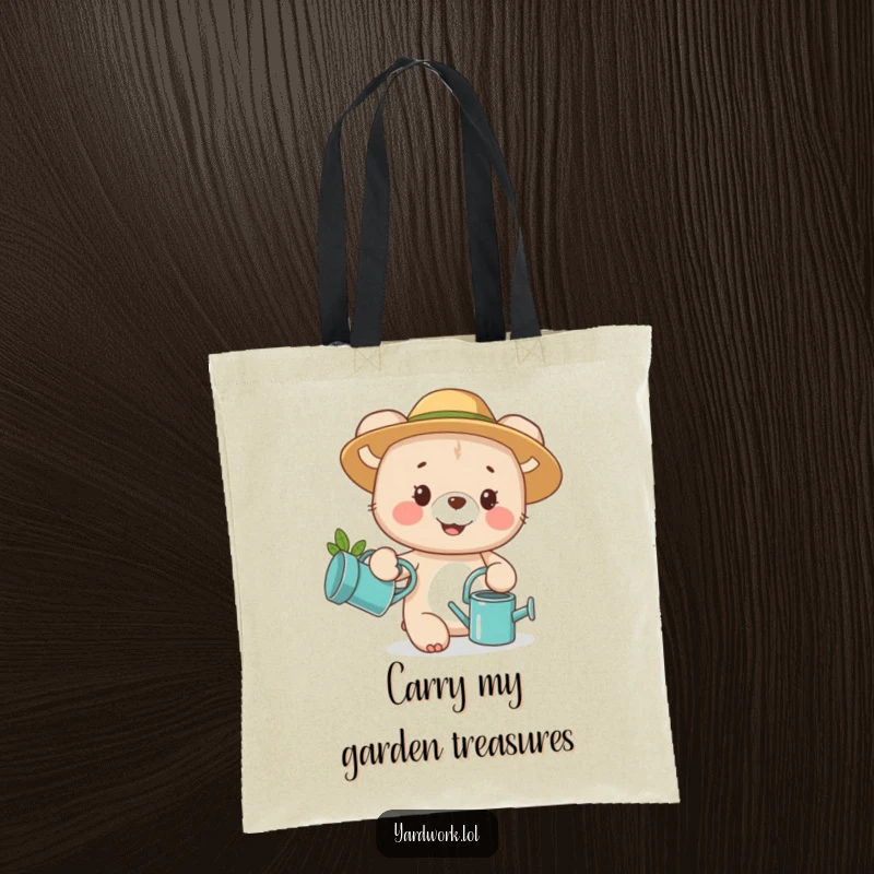 Funny tote bag showcasing a happy bear cub with a watering can, perfect for gardeners and animal lovers.