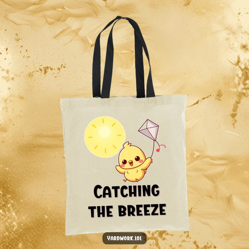 Funny tote bag featuring a cheerful chick flying a kite high in a sunny sky, perfect for everyday joy.