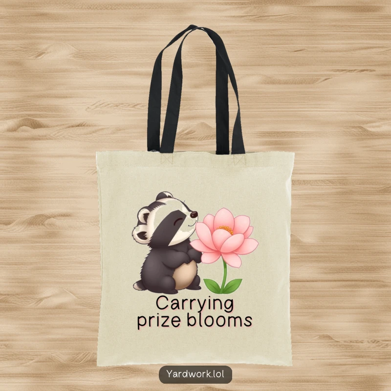 Funny tote bag with a delighted badger admiring a large, perfectly bloomed flower. Ideal for shopping or daily use.