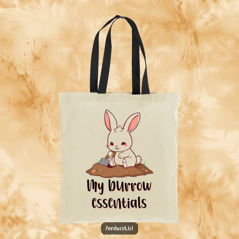 Funny tote bag featuring a playful rabbit digging with a small shovel, celebrating active hobbies.