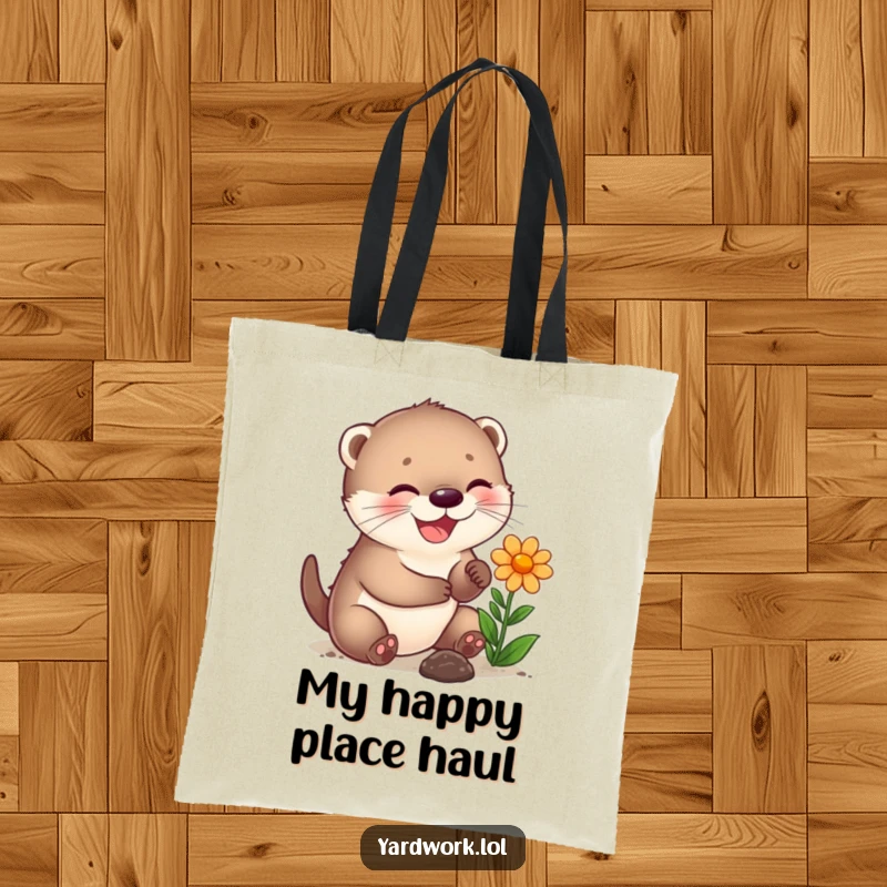 Funny tote bag featuring a joyful otter cub planting a flower, celebrating nature and cuteness.